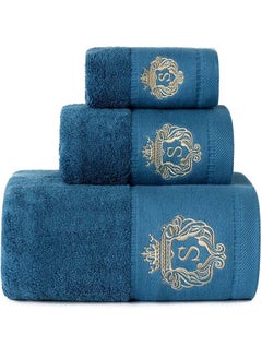 YIM-VIBEHAUS 3pcs Cotton Bath Towels Set, Ultra Soft Absorbent Bathroom Towel for Home and Hotel Shower Towel, 1 Bath Towel(140x70cm)+ 2 Hand Towels(74x34cm) Blue  - Image 1