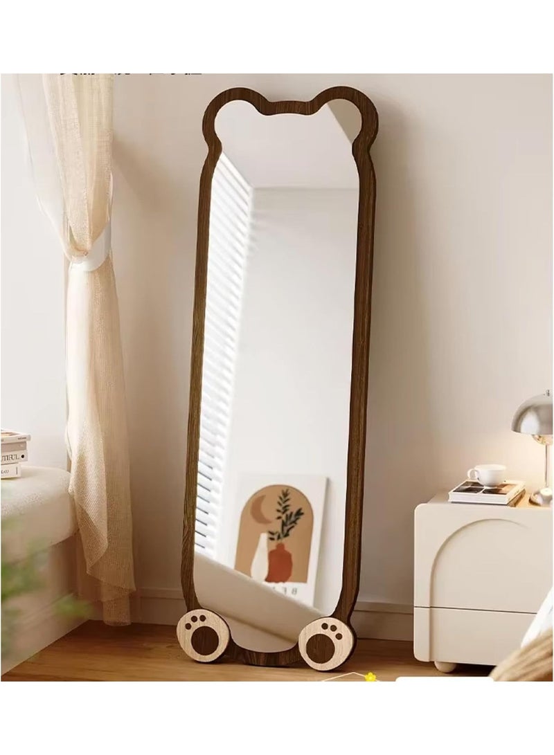 Bear Design Full Length Mirror – Cute Animal Shaped Frame Mirror with Bear Ears & Paw Base, Foldable Stand, Wall & Floor Mount, Bedroom, Kids Room, Nursery, Playroom - Natural Wood Color