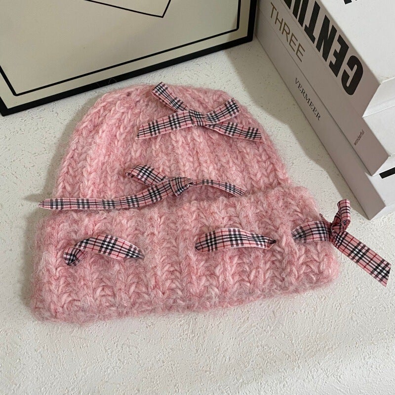 Bow Knit Hat Women Winter Lamb  Ear Protection Hat Faux Fur - Image 4