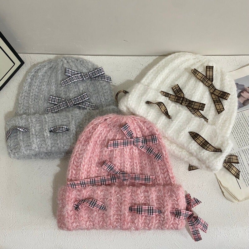 Bow Knit Hat Women Winter Lamb  Ear Protection Hat Faux Fur - Image 3