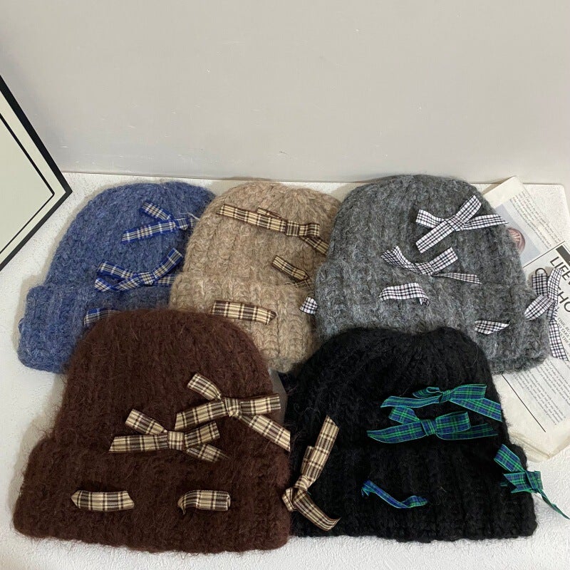 Bow Knit Hat Women Winter Lamb  Ear Protection Hat Faux Fur - Image 2