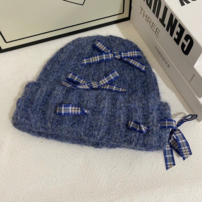 Bow Knit Hat Women Winter Lamb  Ear Protection Hat Faux Fur - Image 1