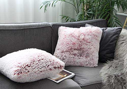 Uhomy Fluffy Accent Pillows Cover 18"x18", Soft Burgundy Ombre Faux Fur Throw Pillow Case, Modern Luxury Decorative Square Cushion Cover for Farmhouse Home Decor for Sofa/Bed/Chair, 45x45cm Single - Image 4