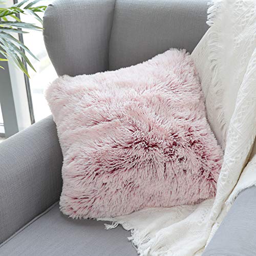 Uhomy Fluffy Accent Pillows Cover 18"x18", Soft Burgundy Ombre Faux Fur Throw Pillow Case, Modern Luxury Decorative Square Cushion Cover for Farmhouse Home Decor for Sofa/Bed/Chair, 45x45cm Single - Image 1