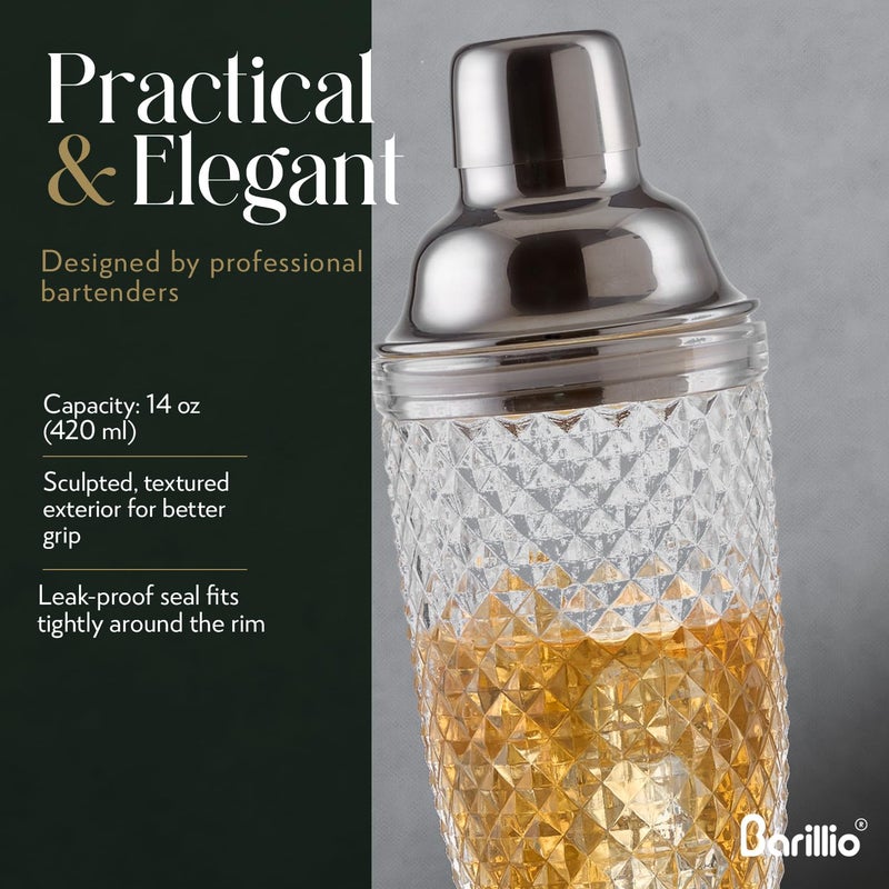 Barillio 14 oz Glass Cocktail Shaker | Cobbler Mixer with Built-In Strainer, Leak-Proof Clear Martini Shaker for Single-Serve Drinks - Image 2