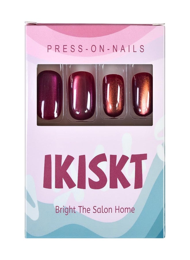 IKISKT Press On Nails - Shine Cat Eye Tips | Shiny Glitter Rose Pink Red Solid Light Paste l UV Short Square Shape False Fake Nails, Reusable Glue | 10-12 Sizes - 24 Nail Kit - Image 2