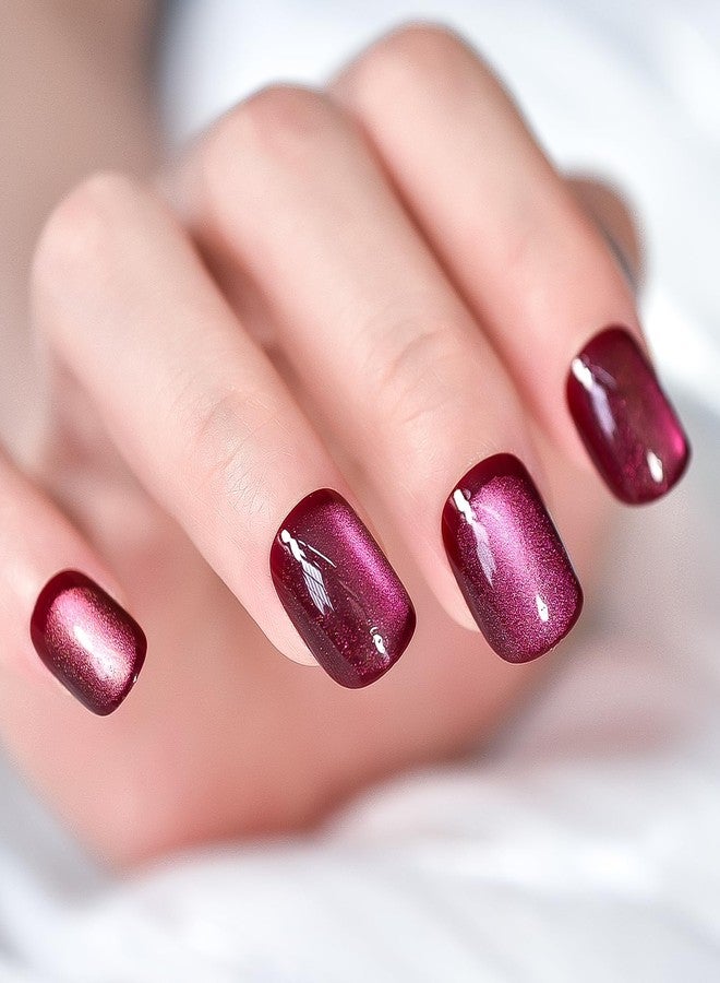 IKISKT Press On Nails - Shine Cat Eye Tips | Shiny Glitter Rose Pink Red Solid Light Paste l UV Short Square Shape False Fake Nails, Reusable Glue | 10-12 Sizes - 24 Nail Kit - Image 1