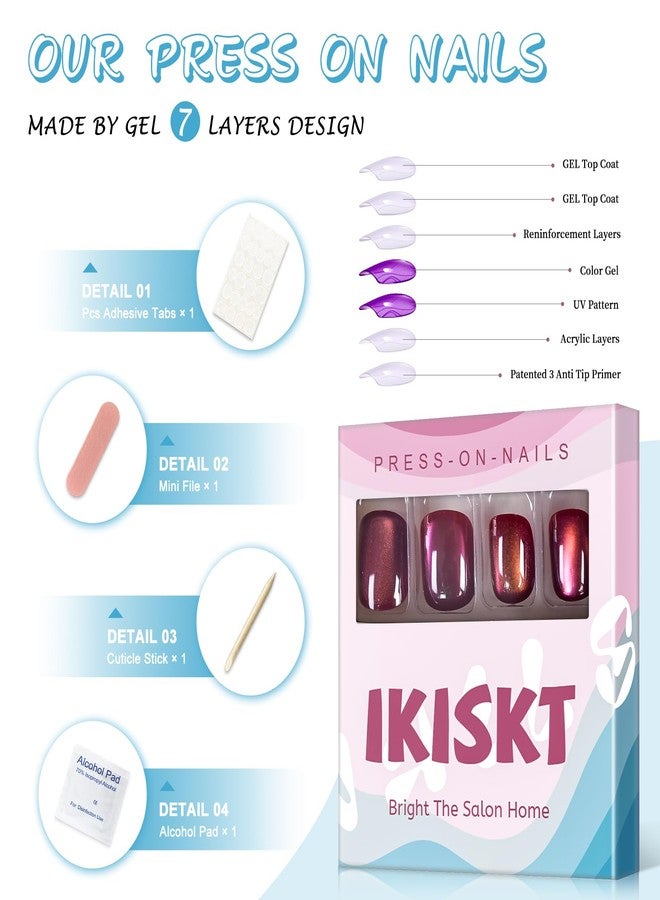 IKISKT Press On Nails - Shine Cat Eye Tips | Shiny Glitter Rose Pink Red Solid Light Paste l UV Short Square Shape False Fake Nails, Reusable Glue | 10-12 Sizes - 24 Nail Kit - Image 3
