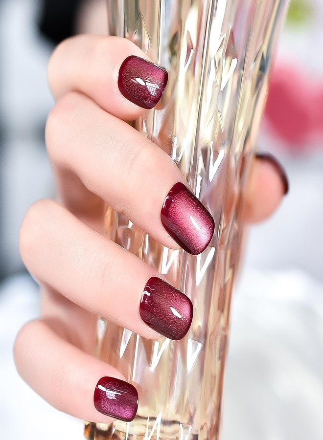 IKISKT Press On Nails - Shine Cat Eye Tips | Shiny Glitter Rose Pink Red Solid Light Paste l UV Short Square Shape False Fake Nails, Reusable Glue | 10-12 Sizes - 24 Nail Kit - Image 4