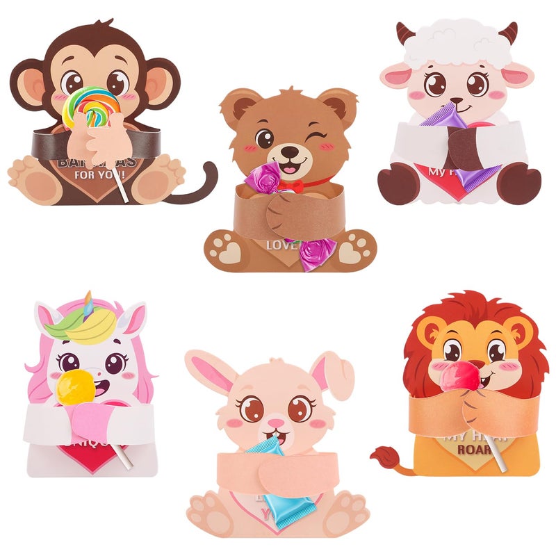 CCINEE 48pcs Animal Valentines Day Candy Holder Gift Cards, Cute Valentine Craft Greeting Cards Bulk for School Gifts Exchange Classroom Prize Party Favors - Image 1