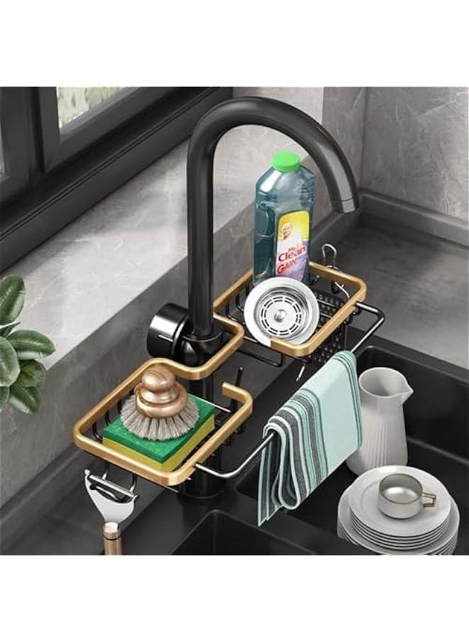HOOKOR Durku Faucet Kitchen Sink Caddy, Sponge Holder for Kitchen Sink, Kitchen Sink Organzier and Storage with High Brush Holder, Rustproof Kitchen Gadgets Dish Sponge Organizer with Dishcloth Rack (Gold)  - Image 1