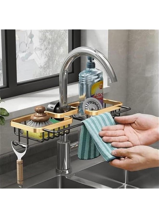 HOOKOR Durku Faucet Kitchen Sink Caddy, Sponge Holder for Kitchen Sink, Kitchen Sink Organzier and Storage with High Brush Holder, Rustproof Kitchen Gadgets Dish Sponge Organizer with Dishcloth Rack (Gold)  - Image 2