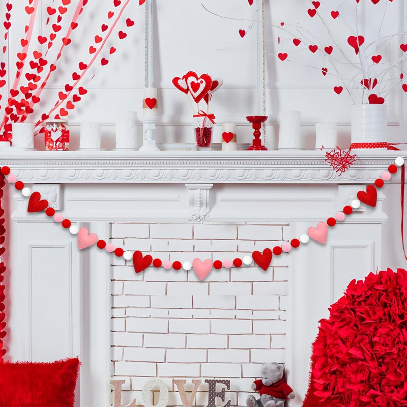 peony man 8.2Ft Valentines Day Felt Ball Garland Pre-Strung Valentines 3D Heart Hanging Banner Red Pink White Pom Pom Garland Decorations for Valentine Party Wedding Anniversary Home Wall Indoor Outdoor Decor - Image 5