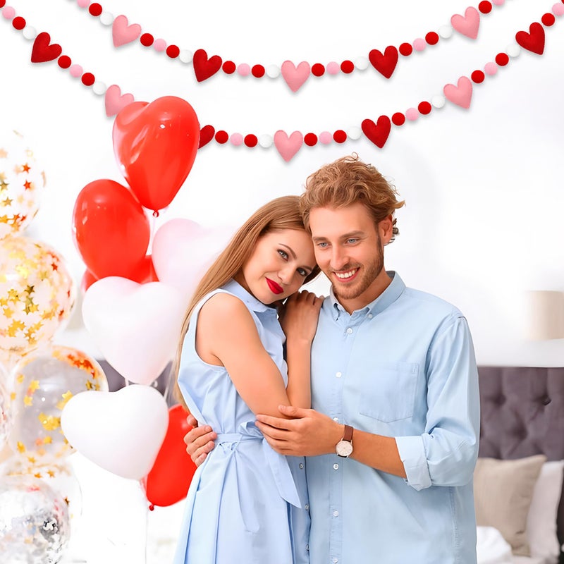 peony man 8.2Ft Valentines Day Felt Ball Garland Pre-Strung Valentines 3D Heart Hanging Banner Red Pink White Pom Pom Garland Decorations for Valentine Party Wedding Anniversary Home Wall Indoor Outdoor Decor - Image 4