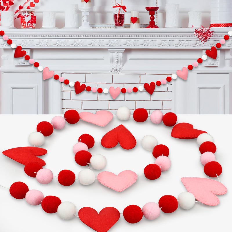 peony man 8.2Ft Valentines Day Felt Ball Garland Pre-Strung Valentines 3D Heart Hanging Banner Red Pink White Pom Pom Garland Decorations for Valentine Party Wedding Anniversary Home Wall Indoor Outdoor Decor - Image 1