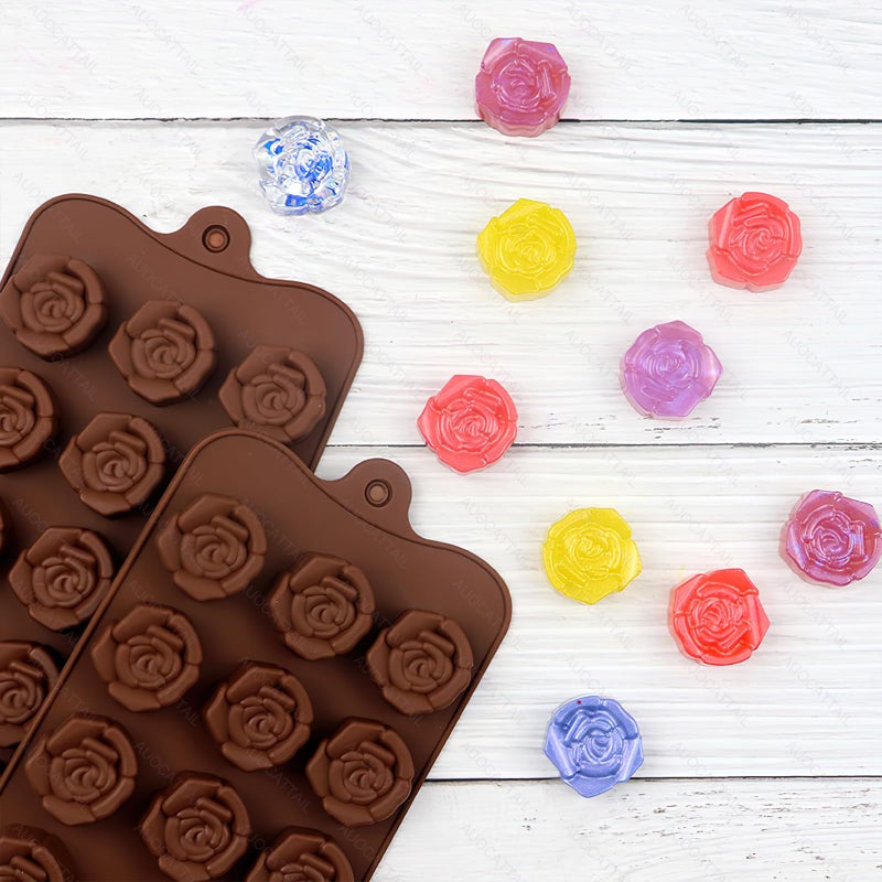 AUOCATTAIL 2 Pcs Rose Silicone Molds 15 Cavity Mini Rose Shape Candy Chocolate Silicone Mold for DIY Cakes Flower Cookies Chocolate Mousse Ice Cream Making Valentine's Day Cake Decoration Party Mold - Image 4