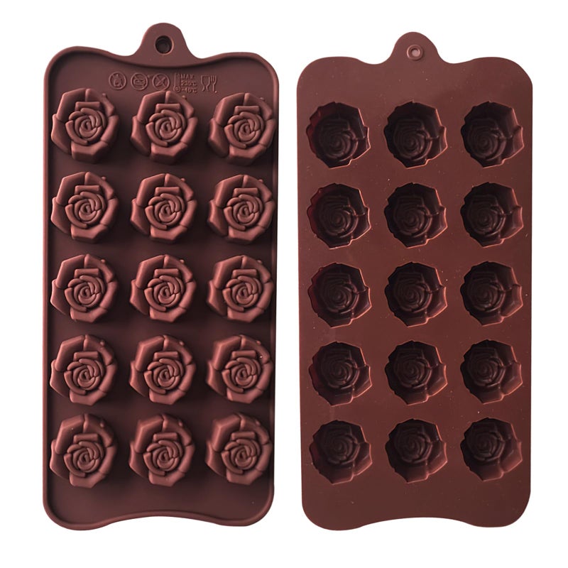 AUOCATTAIL 2 Pcs Rose Silicone Molds 15 Cavity Mini Rose Shape Candy Chocolate Silicone Mold for DIY Cakes Flower Cookies Chocolate Mousse Ice Cream Making Valentine's Day Cake Decoration Party Mold - Image 1