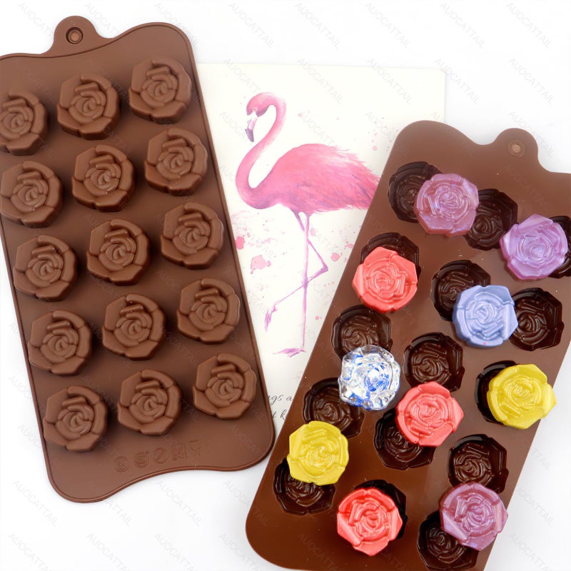 AUOCATTAIL 2 Pcs Rose Silicone Molds 15 Cavity Mini Rose Shape Candy Chocolate Silicone Mold for DIY Cakes Flower Cookies Chocolate Mousse Ice Cream Making Valentine's Day Cake Decoration Party Mold - Image 2