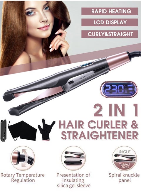 Hair Straightener and Curler 2 in 1 Twist Straightening Curling Iron Professional Negative Ion Flat Iron with Adjustable Temp for All Hair Types Instant Heating Dual Voltage