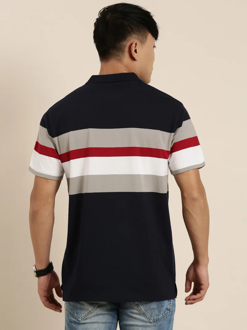 Joven Navy Blue Striped Polo T-Shirt for Men