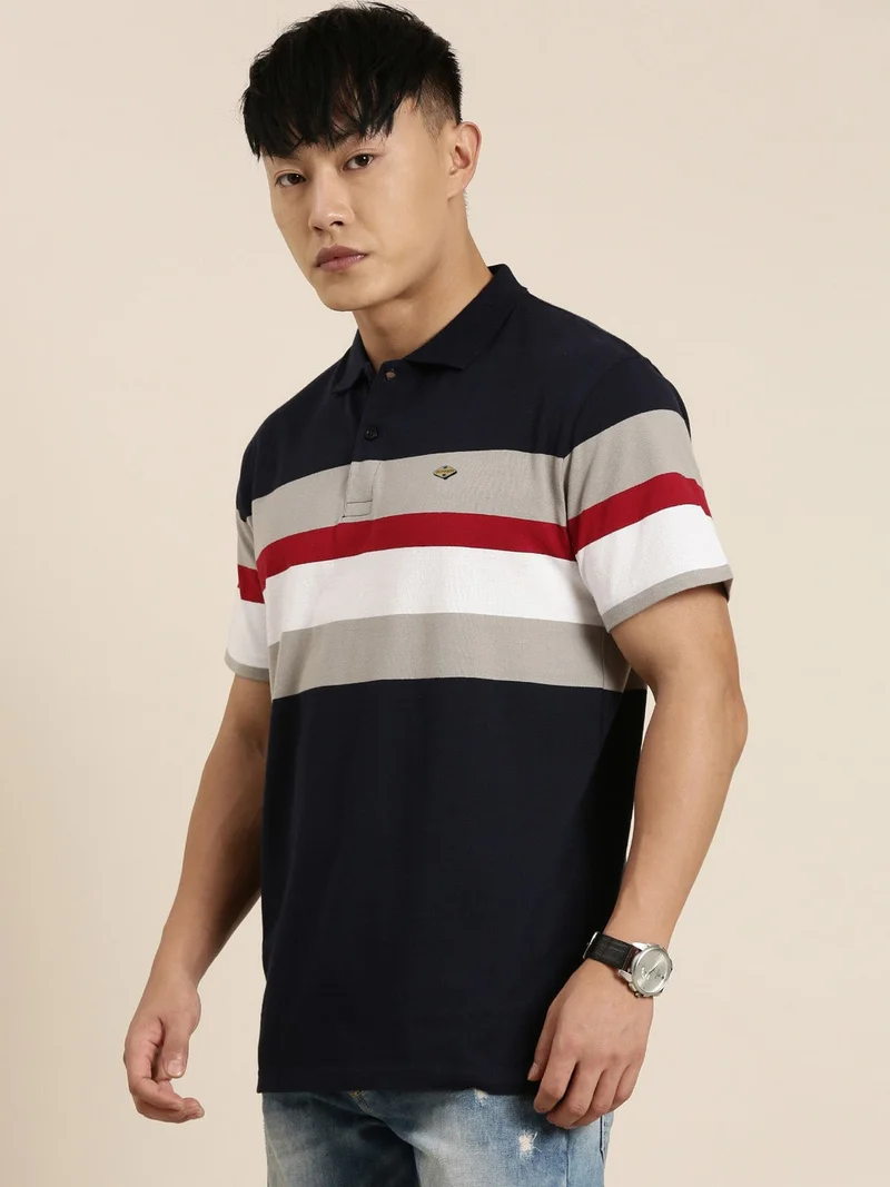 Joven Navy Blue Striped Polo T-Shirt for Men