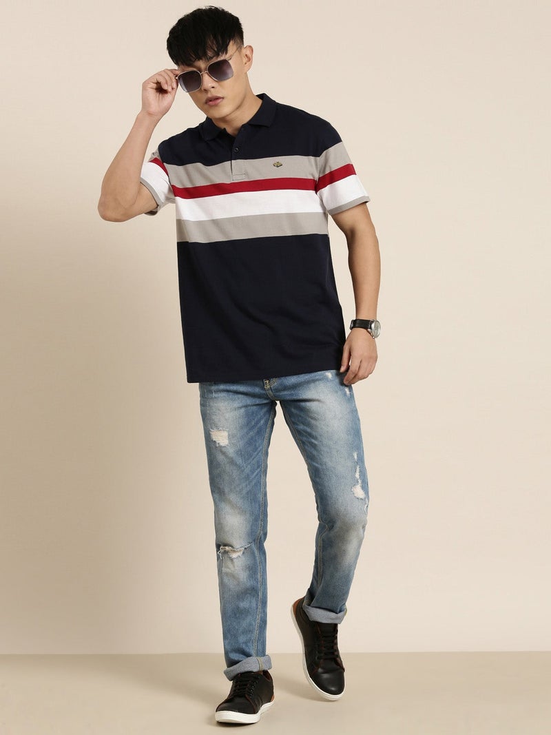 Joven Navy Blue Striped Polo T-Shirt for Men - Image 5