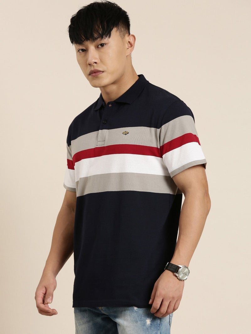 Joven Navy Blue Striped Polo T-Shirt for Men - Image 1