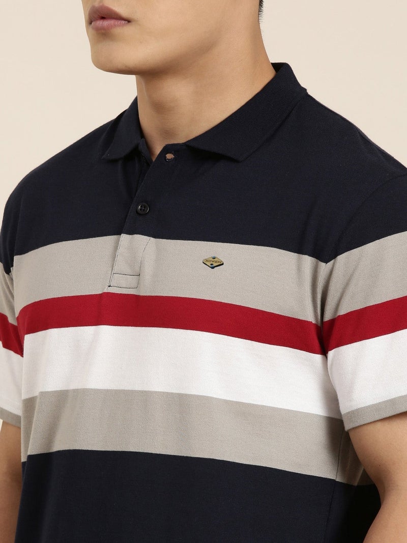 Joven Navy Blue Striped Polo T-Shirt for Men - Image 4