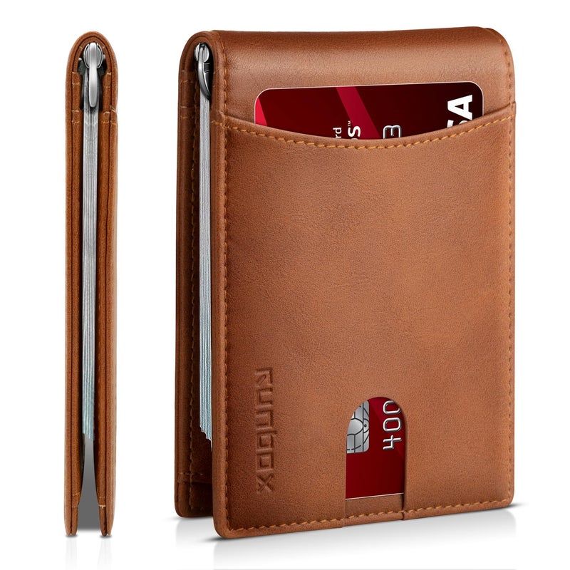 RUNBOX Genuine Leather Slim Wallet for Men RFID Blocking Bifold Minimalist Front Pocket Mens Wallet with Money Clip Thin Gift Box - Image 1