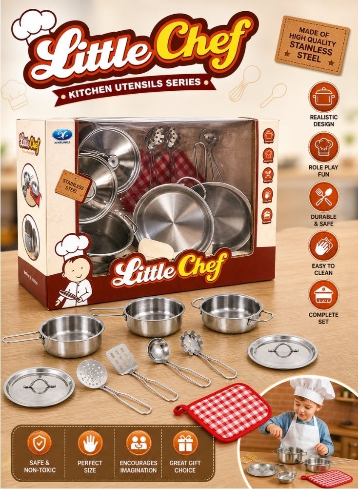Little Chef مجموعة أدوات مطبخ من الفولاذ المقاوم للصدأ، مجموعة ألعاب طبخ - Image 1