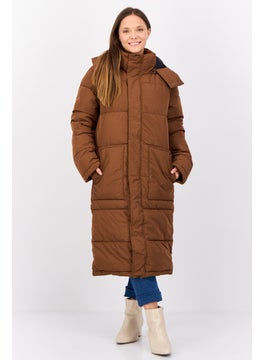 Women Solid Long Puffer Jacket, Brown