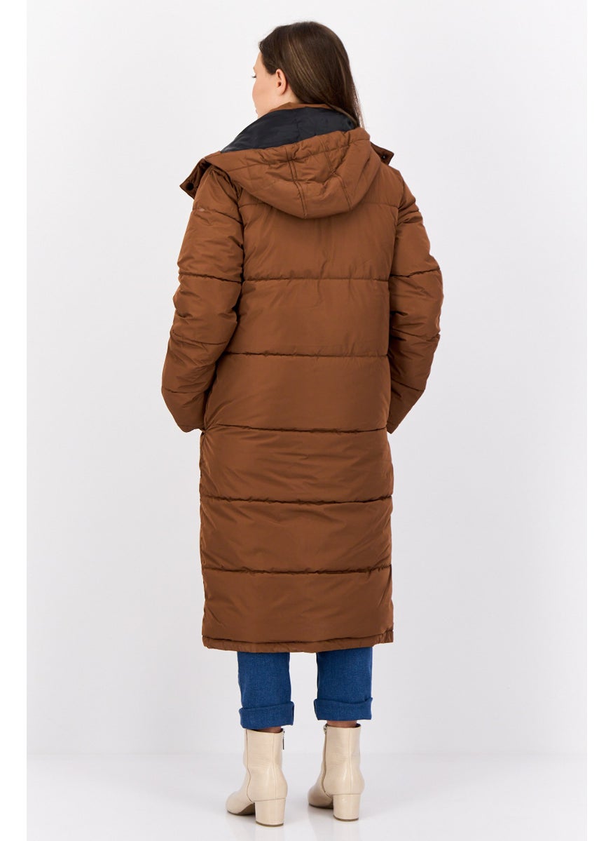 Devils Advocate - Women Solid Long Puffer Jacket, Brown - Image 1