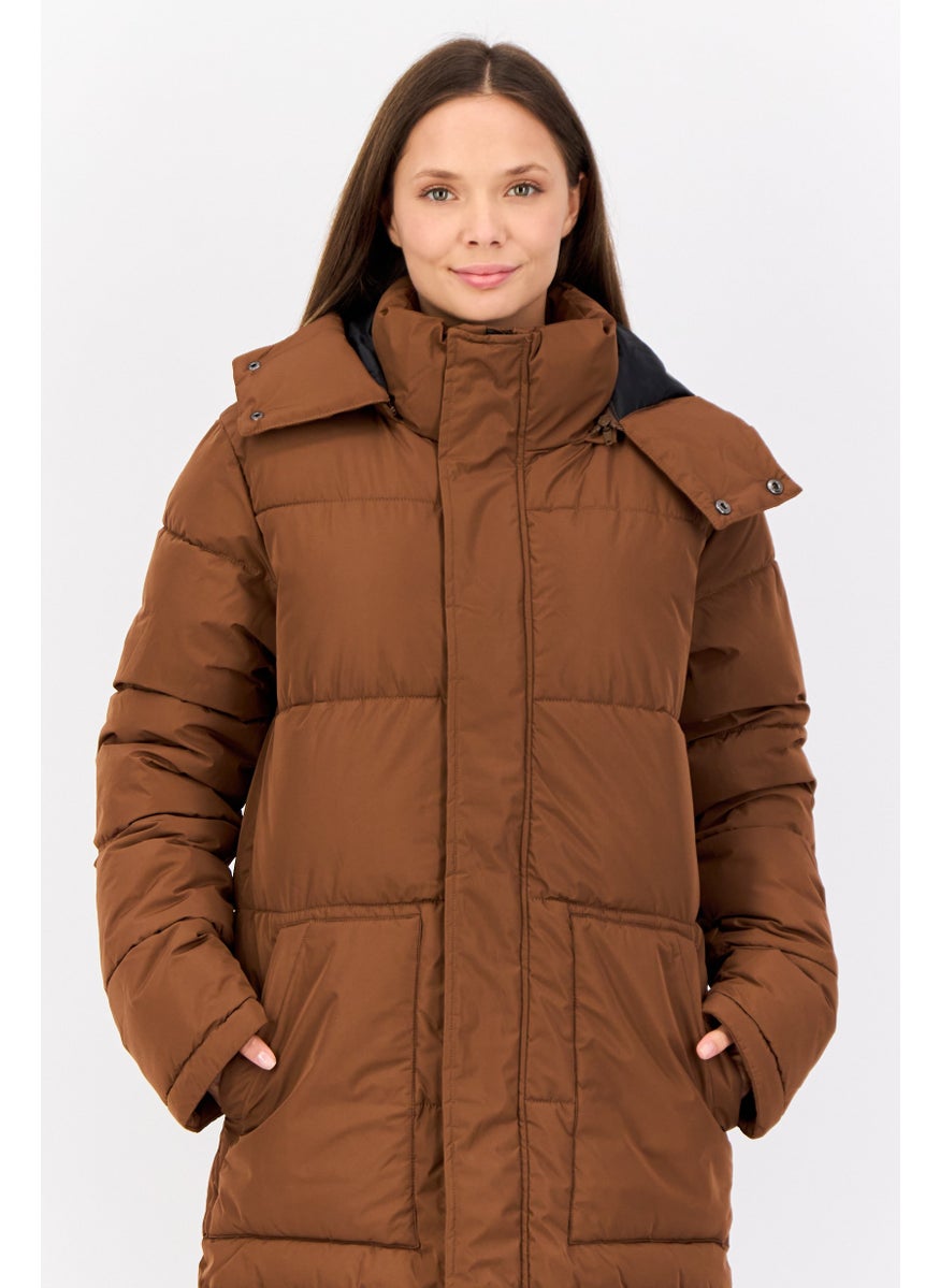 Devils Advocate - Women Solid Long Puffer Jacket, Brown - Image 1