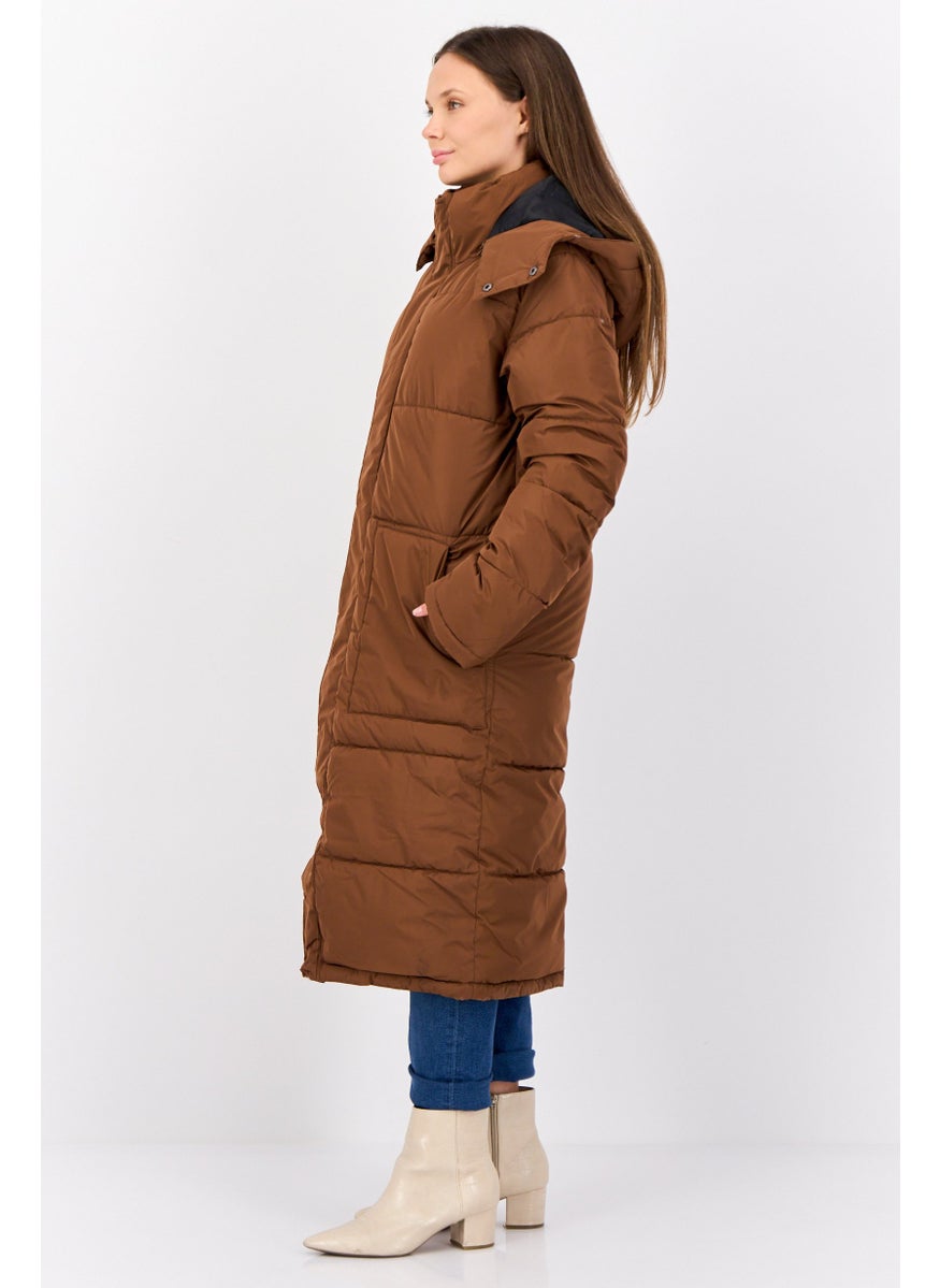 Devils Advocate - Women Solid Long Puffer Jacket, Brown - Image 1