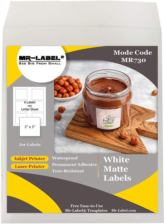 مستر-لايبل ملصقات برطمانات مربعة بيضاء غير لامعة من Mr-Label - مقاس 3 بوصات × 3 بوصات - ملصقات زجاجات لاصقة دائمة - ملصقات مقاومة للماء للطابعات النافثة للحبر والليزر والكتابة اليدوية (300 ملصق | 50 ورقة) - Image 1