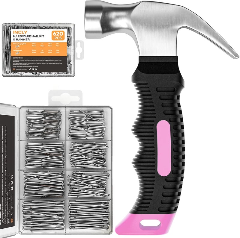 INCLY 620 PCS Small Nails for Hanging Pictures Assortment Kit with 8oz Pink Small Hammer, Mini Hammer Set with Hardware Nails Assorted Set 310 Wall Nails & 310 Finish Nails for Installing with Case - Image 1
