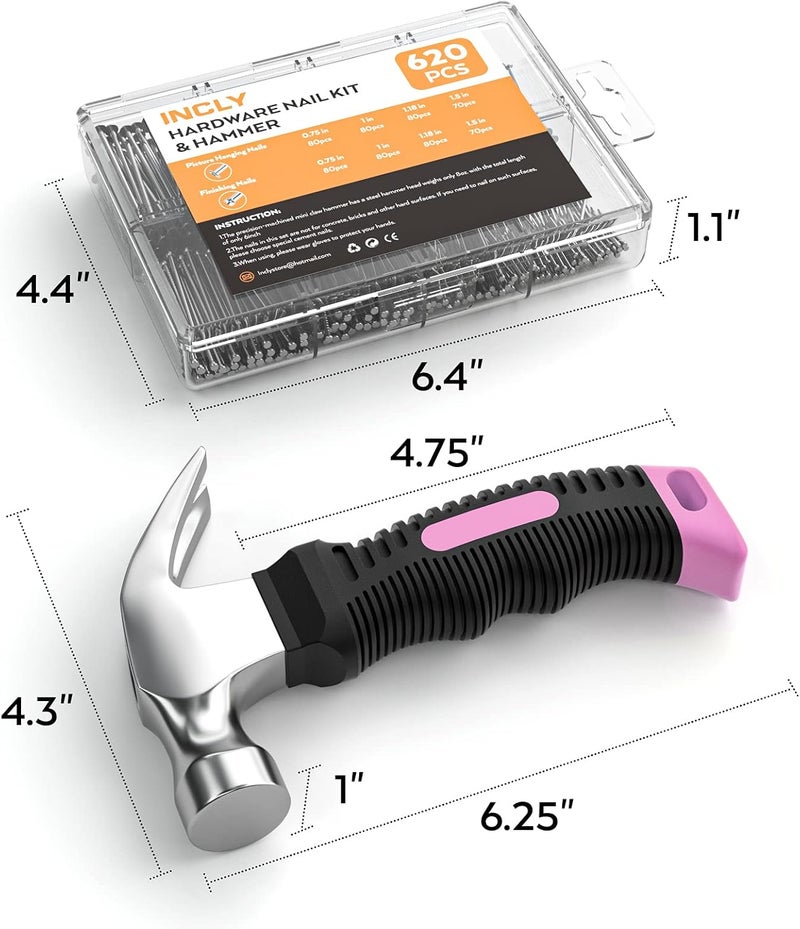 INCLY 620 PCS Small Nails for Hanging Pictures Assortment Kit with 8oz Pink Small Hammer, Mini Hammer Set with Hardware Nails Assorted Set 310 Wall Nails & 310 Finish Nails for Installing with Case - Image 2