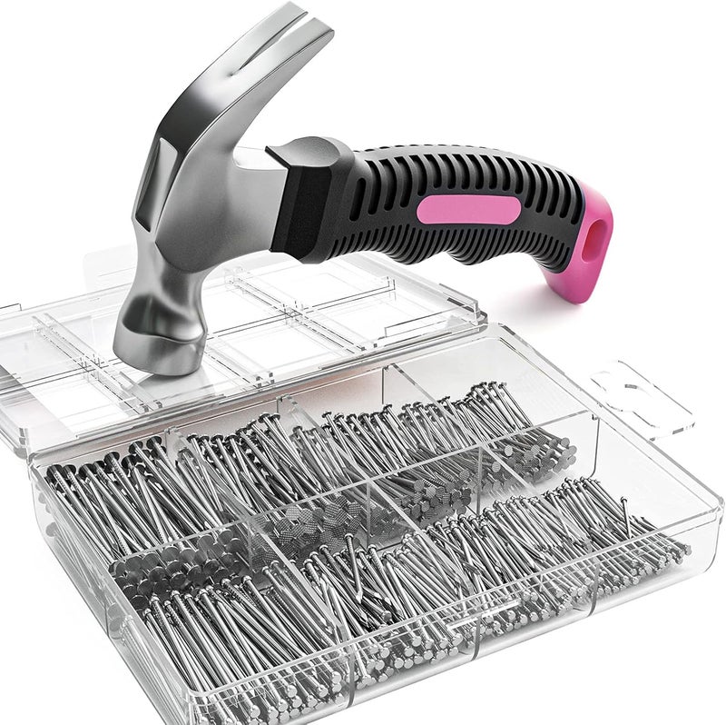 INCLY 620 PCS Small Nails for Hanging Pictures Assortment Kit with 8oz Pink Small Hammer, Mini Hammer Set with Hardware Nails Assorted Set 310 Wall Nails & 310 Finish Nails for Installing with Case - Image 5