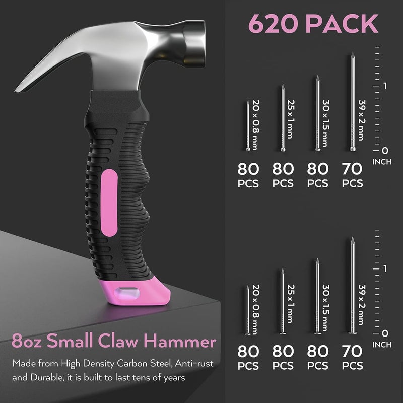 INCLY 620 PCS Small Nails for Hanging Pictures Assortment Kit with 8oz Pink Small Hammer, Mini Hammer Set with Hardware Nails Assorted Set 310 Wall Nails & 310 Finish Nails for Installing with Case - Image 3