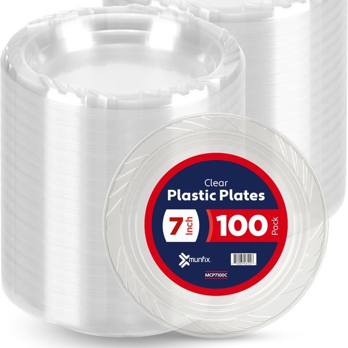 100 PACK CLEAR PLASTIC PLATES 7 INCH DISPOSABLE APPETIZER DESSERT PLATES BULK PACK FOR PARTY BBQ PICNIC PARTIES TRAVEL AND EVENTS MICROWAVABLE RECYCLABLE
