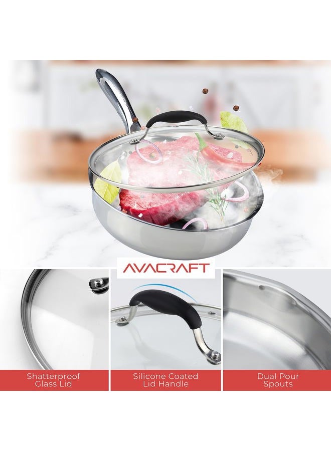 AVACraft 8 Inch Tri-Ply Stainless Steel Frying Pan with Lid, Side Spouts, Induction Pan, Versatile Stainless Steel Skillet, Fry Pan in our Pots and Pans, Cooking Pan (Tri-Ply Stainless Steel, 8 Inch) - Image 5