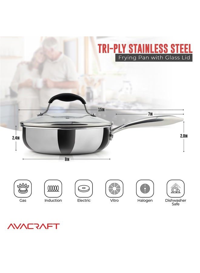 AVACraft 8 Inch Tri-Ply Stainless Steel Frying Pan with Lid, Side Spouts, Induction Pan, Versatile Stainless Steel Skillet, Fry Pan in our Pots and Pans, Cooking Pan (Tri-Ply Stainless Steel, 8 Inch) - Image 2