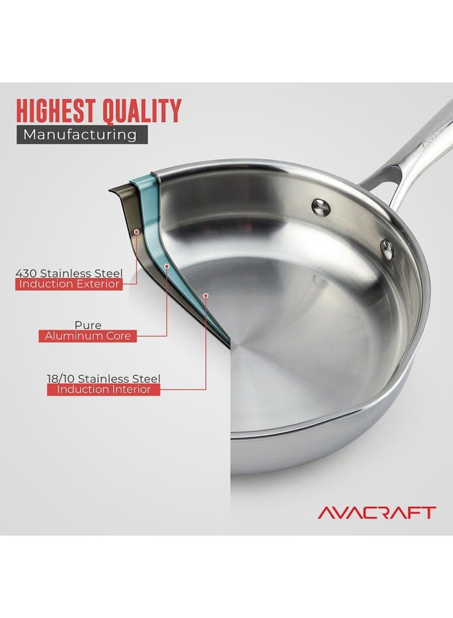 AVACraft 8 Inch Tri-Ply Stainless Steel Frying Pan with Lid, Side Spouts, Induction Pan, Versatile Stainless Steel Skillet, Fry Pan in our Pots and Pans, Cooking Pan (Tri-Ply Stainless Steel, 8 Inch) - Image 3