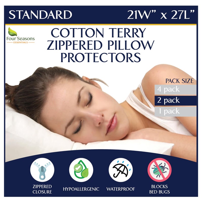 Four Seasons Essenti Standard Pillow Protectors (Set of 2) - Pillow Cover Waterproof Hypoallergenic Dust Proof Zippered Encasement- Cotton Terry  - Image 1