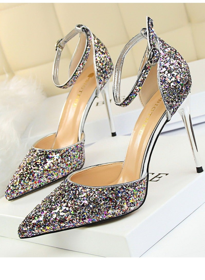BIGTREE Women's Sequin Closed Pointed Toe 7.5 CM High Heels Ankle Strap Stiletto Pumps Multicolor