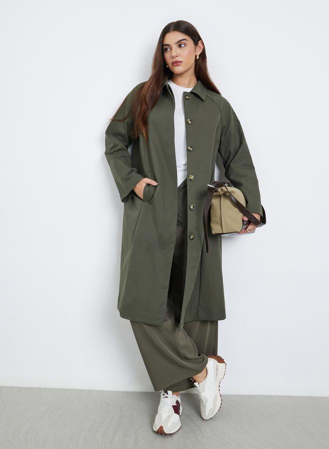 Styli Olive Oversized Button-Front Trench Coat - Image 1