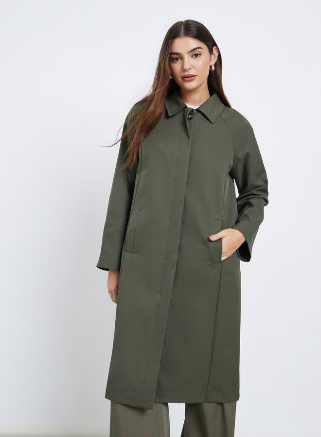 Styli Olive Oversized Button-Front Trench Coat - Image 3