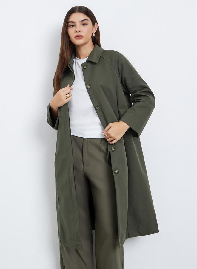 Styli Olive Oversized Button-Front Trench Coat - Image 2