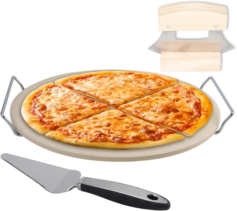 Senvasfa Delux Pizza Stone Set with Pizza Cutter Pizza Server, 13" Ceramic Round Baking Stone for Oven and Grill, Quick Baked & Serving Pizza in Home & Outdoor - Image 2