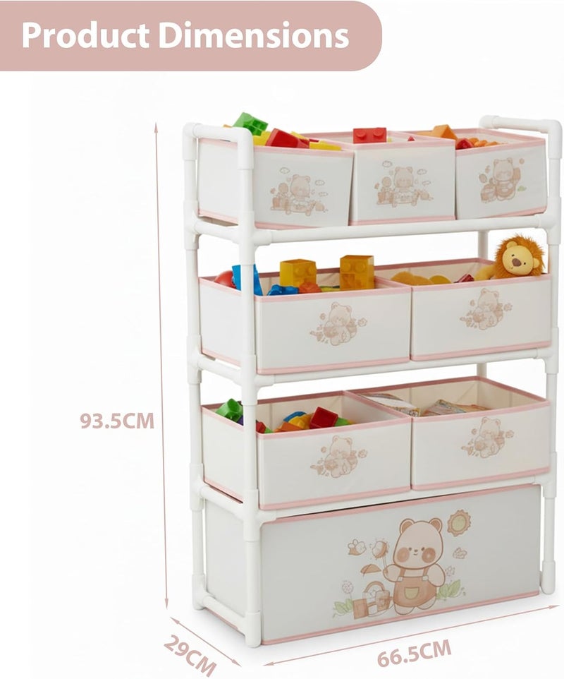 Bentifar Kids Toy Storage Organizer, 4-Tier Shelf with 8 Fabric Bins & XL Bottom Chest, Cute Bear Design for Nursery and Playroom, Removable Foldable Baskets, Child-Safe Plastic Frame, Easy Assembly - Image 2